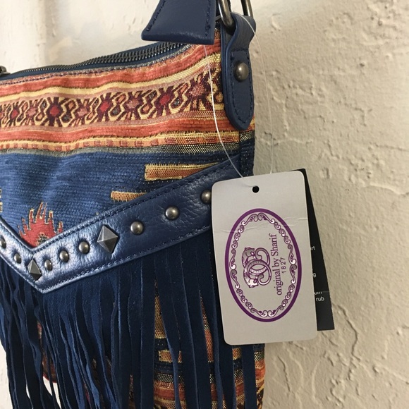 Sharif Moroccan Suede Fringe Leather Crossbody Bag NEW Blue Western Aztec Boho - Picture 3 of 13